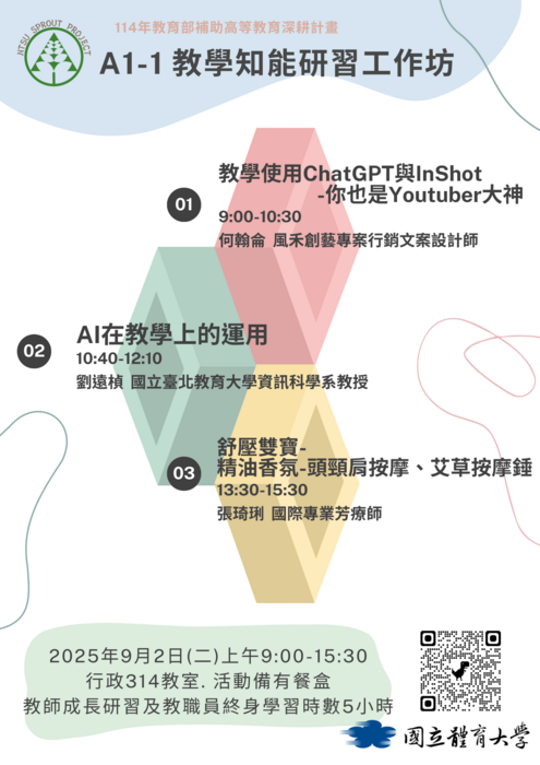 【歡迎報名】9/2教學知能講座:教學知能學習工作坊 #高教深耕計畫圖片